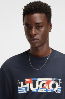 T-shirt en jersey de coton &agrave; logo imprim&eacute; graphique, Bleu fonc&eacute;