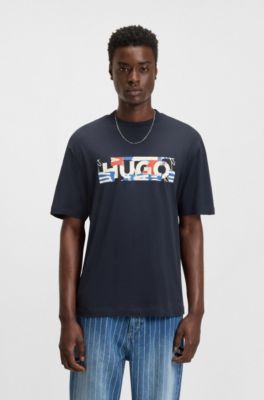 T-shirt en jersey de coton &agrave; logo imprim&eacute; graphique, Bleu fonc&eacute;