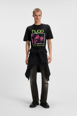 Camiseta en punto de algod&oacute;n con ilustraci&oacute;n de inspiraci&oacute;n musical, Negro