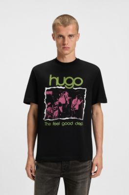 Camiseta en punto de algod&oacute;n con ilustraci&oacute;n de inspiraci&oacute;n musical, Negro