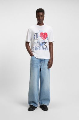 T-shirt en jersey de coton avec motif Happy HUGO, Blanc