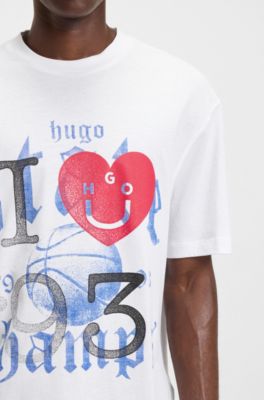 T-shirt en jersey de coton avec motif Happy HUGO, Blanc