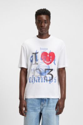 Camiseta de punto de algod&oacute;n con ilustraci&oacute;n Happy HUGO, Blanco