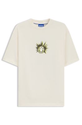 Cotton-jersey T-shirt with Happy HUGO artwork, White