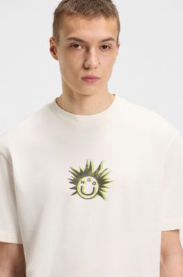 Cotton-jersey T-shirt with Happy HUGO artwork, White