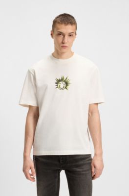 Cotton-jersey T-shirt with Happy HUGO artwork, White