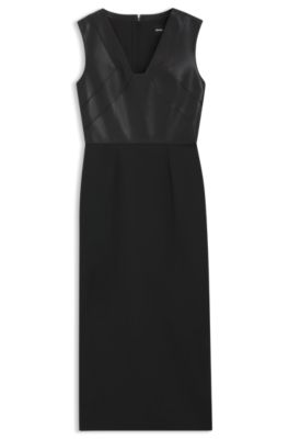 Leather-bodice dress in virgin wool, Black