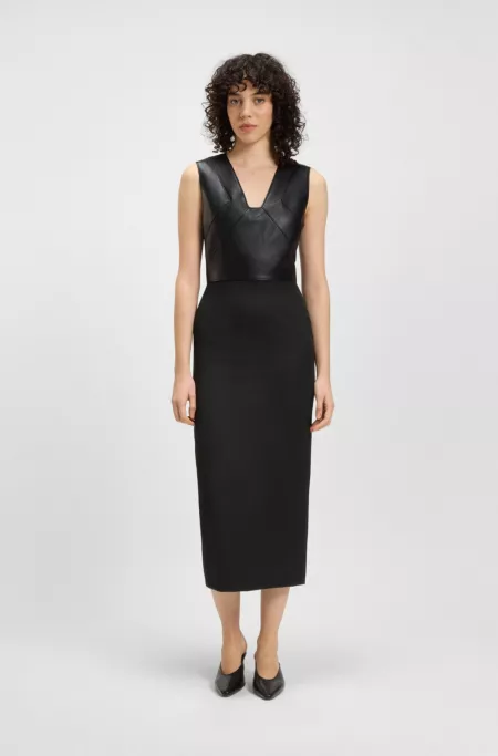 Leather-bodice dress in virgin wool