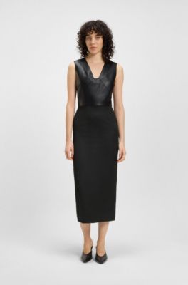 Leather-bodice dress in virgin wool, Black
