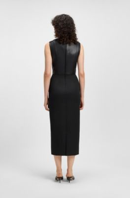 Leather-bodice dress in virgin wool, Black
