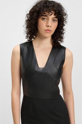 Leather-bodice dress in virgin wool, Black