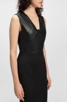 Leather-bodice dress in virgin wool, Black