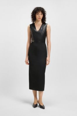 Leather-bodice dress in virgin wool, Black