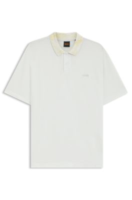 Patterned-collar polo shirt in cotton piqu&eacute;, White