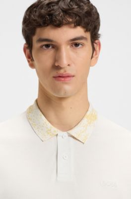 Patterned-collar polo shirt in cotton piqu&eacute;, White