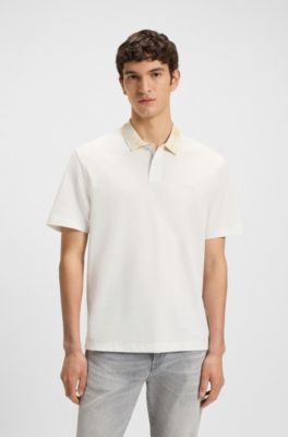 Polo en piqu&eacute; de coton avec col &agrave; motif, Blanc