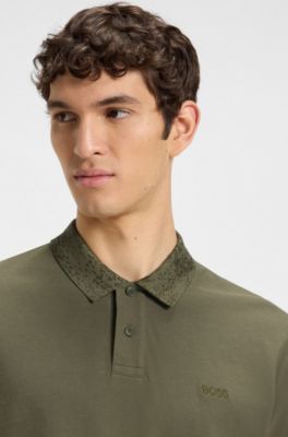 Polo en piqu&eacute; de coton avec col &agrave; motif, Chaux