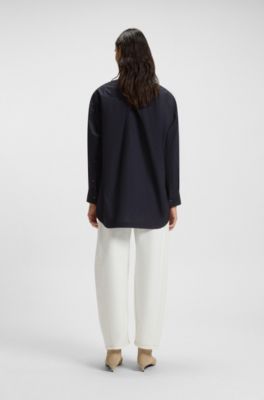 Oversized-fit blouse in cotton poplin, Dark Blue