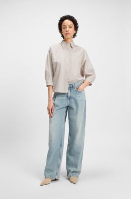 Striped relaxed-fit blouse in cotton poplin, Light Beige