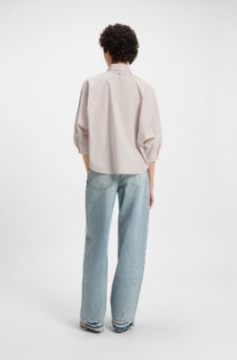 Striped relaxed-fit blouse in cotton poplin, Light Beige