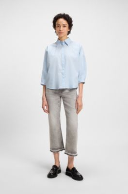 Striped relaxed-fit blouse in cotton poplin, Light Blue