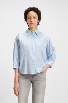 Striped relaxed-fit blouse in cotton poplin, Light Blue