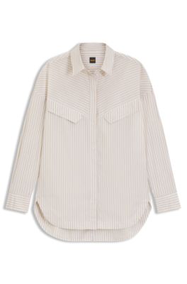 Oversized-fit blouse in striped cotton, Light Beige