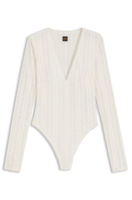 Embroidered-structure bodysuit with V neckline, White
