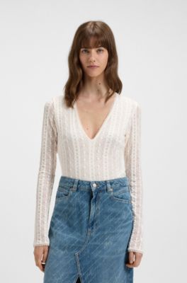 Embroidered-structure bodysuit with V neckline, White