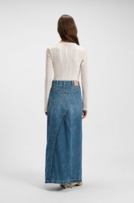 Embroidered-structure bodysuit with V neckline, White