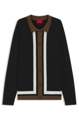 Contrast-stripe sweater with button front, Black