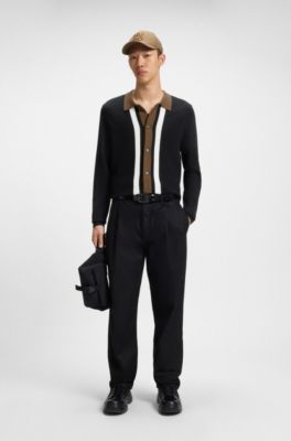 Contrast-stripe sweater with button front, Black