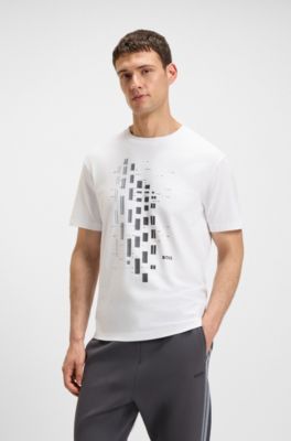 Geometric-print T-shirt in stretch cotton, White