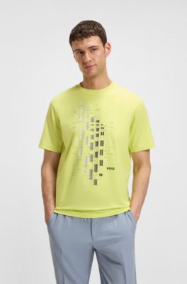 Geometric-print T-shirt in stretch cotton, Light Green