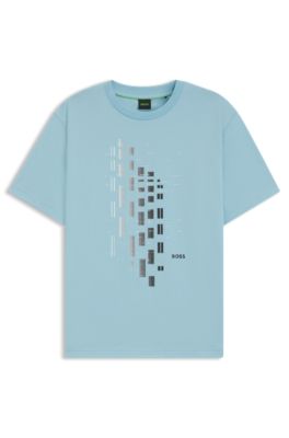 Geometric-print T-shirt in stretch cotton, Light Blue