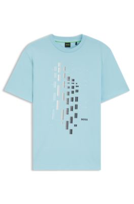 Geometric-print T-shirt in stretch cotton, Light Blue