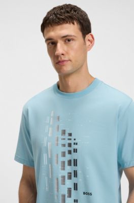 Geometric-print T-shirt in stretch cotton, Light Blue