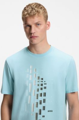 Camiseta de algod&oacute;n el&aacute;stico con estampado geom&eacute;trico, Celeste