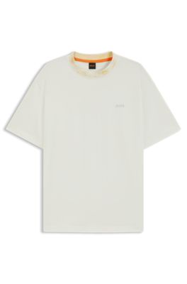 T-shirt en jersey de coton avec col &agrave; motif, Blanc
