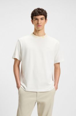T-shirt en jersey de coton avec col &agrave; motif, Blanc