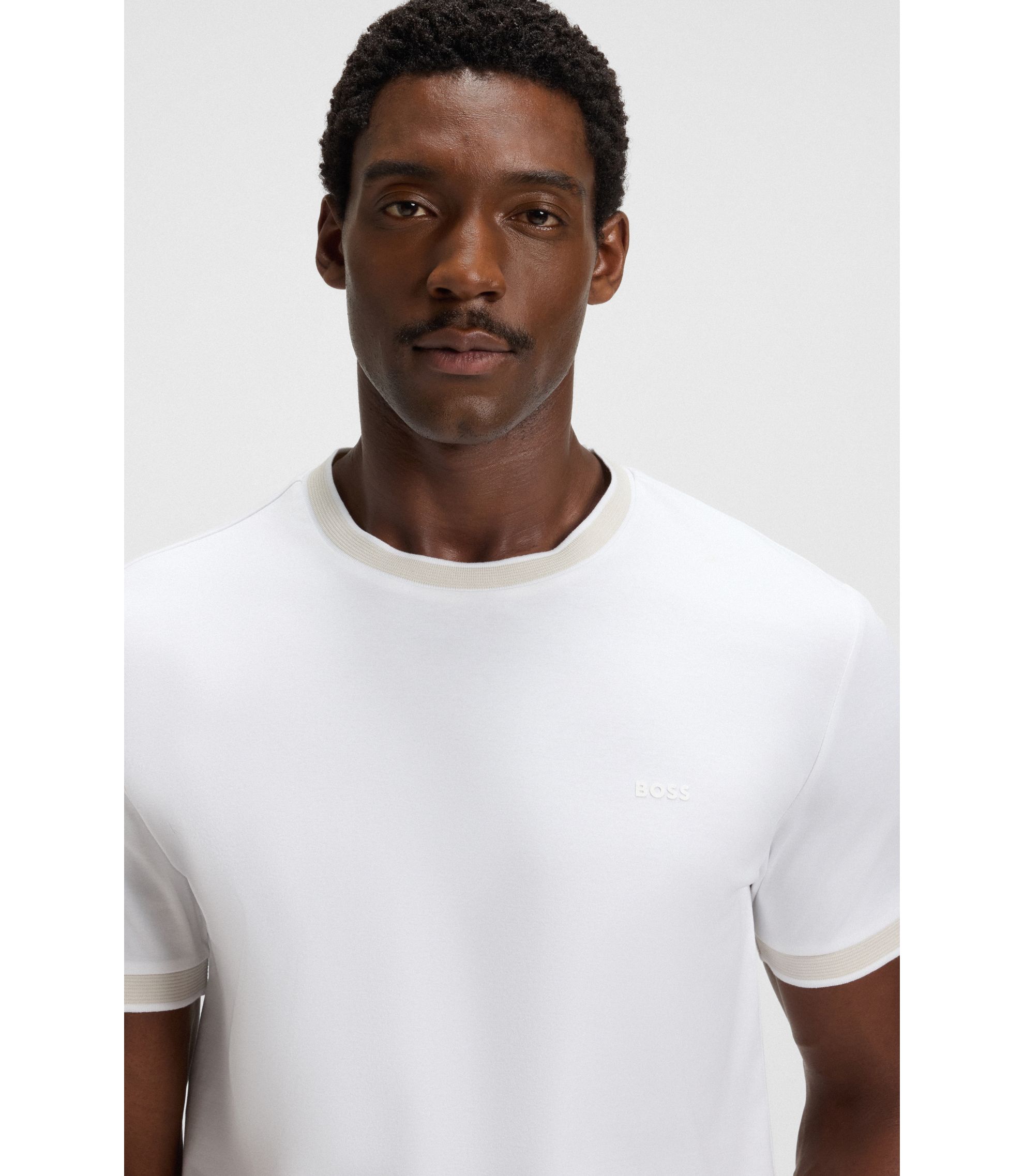 BOSS - Mercerised-cotton slim-fit T-shirt with contrast trims - White