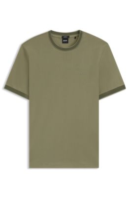 Tシャツ・カットソー BOSS Men T-shirt Green 50536636 311 BOSS - Mercerised-cotton slim-fit T-shirt with contrast
