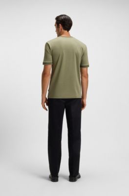 Contrast-trim slim-fit T-shirt in mercerised cotton, Green