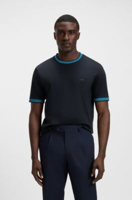 Mercerised-cotton slim-fit T-shirt with contrast trims, Azul oscuro