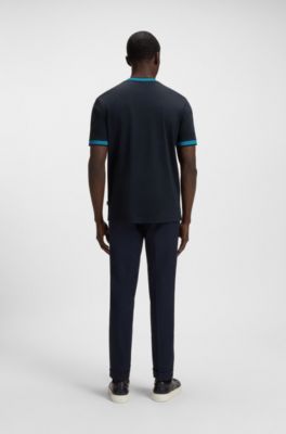 Mercerised-cotton slim-fit T-shirt with contrast trims, Azul oscuro