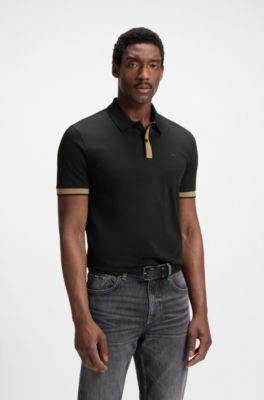 Structured-trim slim-fit polo shirt in mercerised cotton, Black