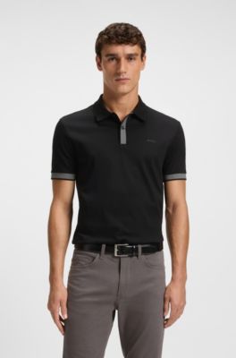 Structured-trim slim-fit polo shirt in mercerised cotton, Black
