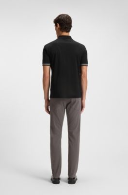 Structured-trim slim-fit polo shirt in mercerised cotton, Black