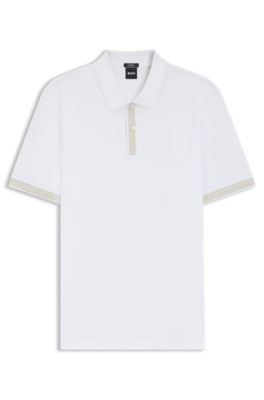 Structured-trim slim-fit polo shirt in mercerised cotton, White