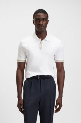 Structured-trim slim-fit polo shirt in mercerised cotton, White